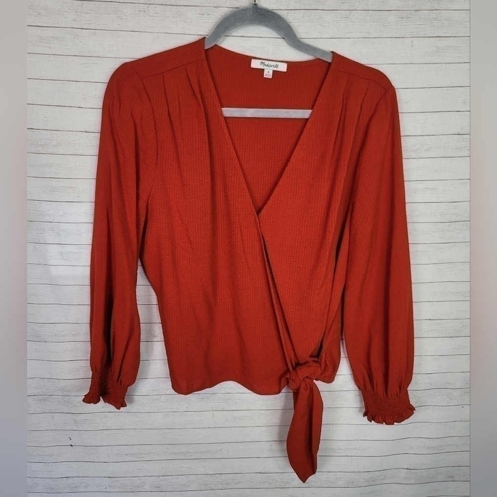 MADEWELL RUST ORANGE RED LONG SLEEVE WRAP BLOUSE, SZ MEDIUM